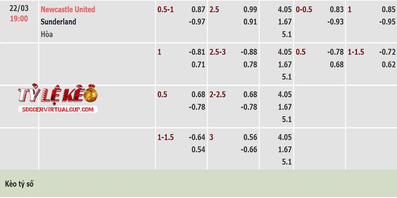 Tỷ lệ kèo trận Newcastle vs Sunderland Tỷ lệ kèo trận Newcastle vs Sunderland